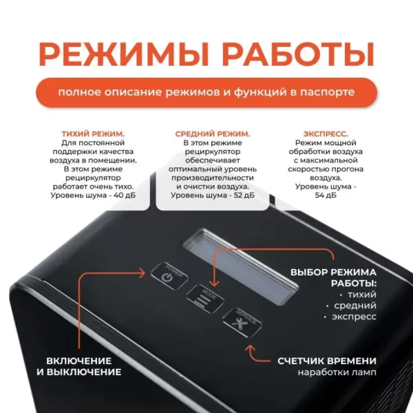 Облучатель-рециркулятор бактерицидный бытовой Ultrafor, 2 лампы по 30 Вт, с счетчиком наработки ламп, черный