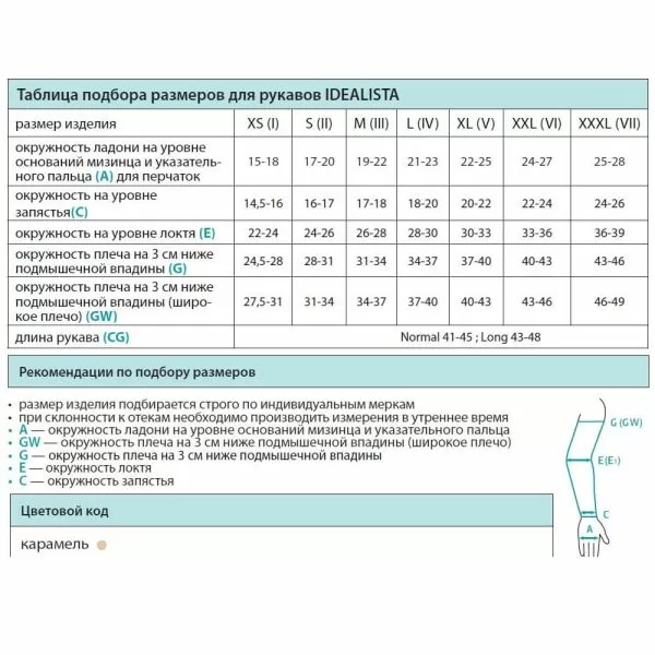 Рукав компрессионный, плоская вязка IDEALISTA ID-403 2 класс компрессии цвет карамель